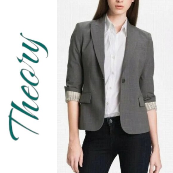 THEORY Gabe B Light Gray Wool 1 Button Classic Tailored Blazer, Size 4 - Picture 1 of 11